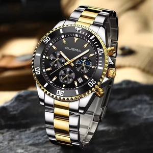 Montre-bracelet pour homme <span class=keywords><strong>CUENA</strong></span> 6003, calendrier de date, bracelet en acier inoxydable doré, cadran 12/24 heures, aiguilles lumineuses, cadran vert - Product Image 5