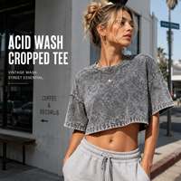 T-shirt court vintage délavé à l'acide pour femme, coupe oversize et carrée, manches courtes, style streetwear décontracté, délavé minéral, tee-shirt court d'été