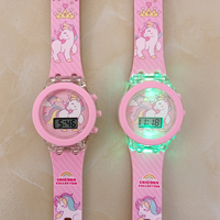 Jam Tangan Anak Perempuan Motif Unicorn Pelangi dengan Lampu Digital Flash, Hadiah Pesta Menyala