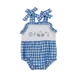 SR1171 Flashlight police car embroidery baby clothes cool boy Blue check boy romper printing Comfortable soft cotton