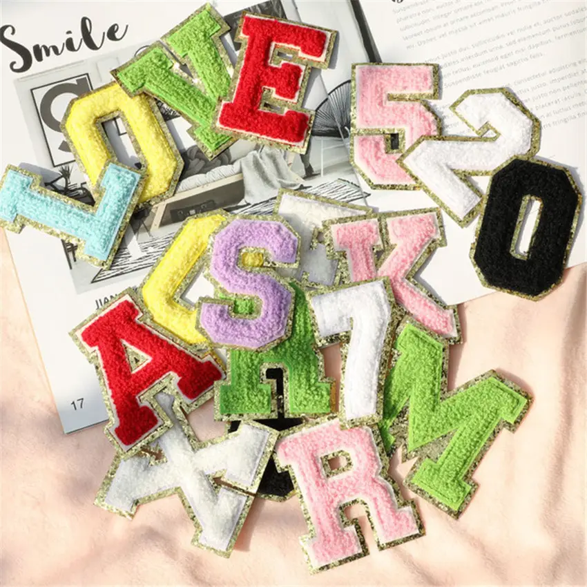 K1409 Goede Kwaliteit Glitter Chenille Patches Towelling Glitter Letter Patches Diy Custom Logo Chenille Letter Patch