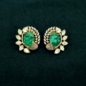 08977kundan <b>stud</b> earring Kundan zircon stone earrings Gold plated brass Floral <b>stud</b> earrings for Wedding Party Bridal Wear - Product Image 1