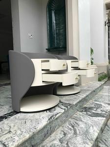 Modern Luxury Round Leather Nightstand White & Grey <b>Side</b> <b>Table</b> with 2 <b>Drawers</b> for Bedroom Furniture - Product Image 2