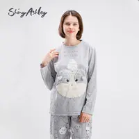 Conjunto de pijama de manga larga para mujer, ropa de dormir con forro polar, 100% poliéster, brillante, ashily