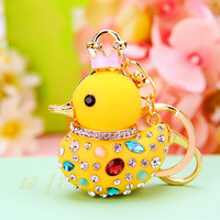 Porte-clés créatif pour femme en métal 3D durable avec pendentif en forme de canard jaune mignon avec strass pour de multiples occasions