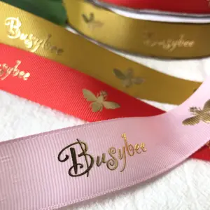 Custom Gold Foil 3d Embossed Printed Gift Polyester Satin Grosgrain Ribbon With Logo Gift Wrapping Decorative Ribbon
