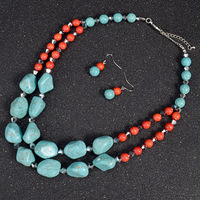 Ensemble de bijoux bohème multi-couches turquoise pierre collier boucles d'oreilles fait à la main perlé clavicule chaîne pour les femmes