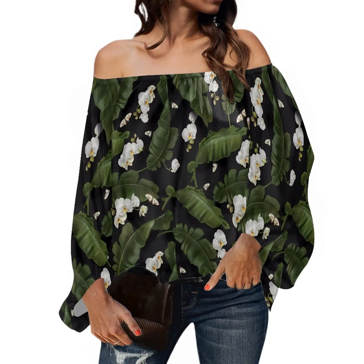 Digital Printing Banana Leaf Loose Straight Shoulder Women's Chiffon Shirt Tops Sales Polyester Blouse Elegant Blouse For Women