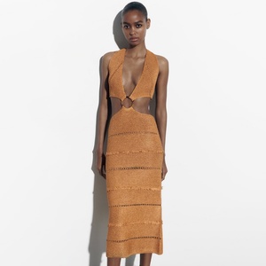 Vestido Midi Bodycon con Escote en V Profundo y Diseño Calado para Mujer - ¡Gran Oferta! - Product Image 1
