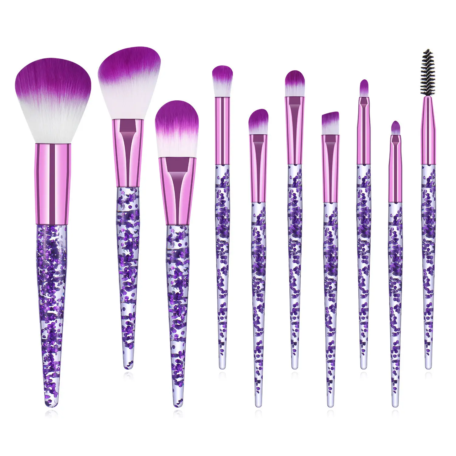 Ensemble de pinceaux de maquillage à poignée en cristal violet, acrylique Transparent, Logo personnalisé, cosmétiques, Kit de pinceaux de maquillage, 10 pièces