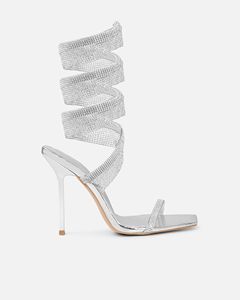Sandales à talons en spirale avec <span class=keywords><strong>miroir</strong></span> et strass sexy, sandales à bride cheville pour femmes, talons aiguilles dorés <span class=keywords><strong>argent</strong></span>és métalliques avec strass, chaussures à brides - Product Image 4