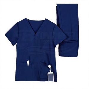 Ensemble de tenue médicale unisexe bleu en tissu toile Spandex/Polyester, pantalon et haut à col en V avec poches et porte-badge, détection d'aiguilles - Product Image 5