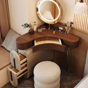 Coiffeuse d'angle moderne extensible en <span class=keywords><strong>bois</strong></span> massif <span class=keywords><strong>avec</strong></span> tabouret de maquillage intégré pour chambre à coucher, <span class=keywords><strong>petit</strong></span> appartement, <span class=keywords><strong>baie</strong></span> <span class=keywords><strong>vitrée</strong></span> triangulaire - Product Image 4