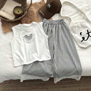 Conjunto de Ropa Casual para Niñas, Chaleco Informal de Algodón Puro con Borde, Pantalones Anchos Tipo Culotte - Product Image 1
