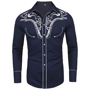 Camisas Bordadas Azul Marino para <span class=keywords><strong>Hombre</strong></span>, Estilo Occidental con Flores Doradas, Atuendo <span class=keywords><strong>Vaquero</strong></span> Americano Mexicano, Camisa Casual - Product Image 2
