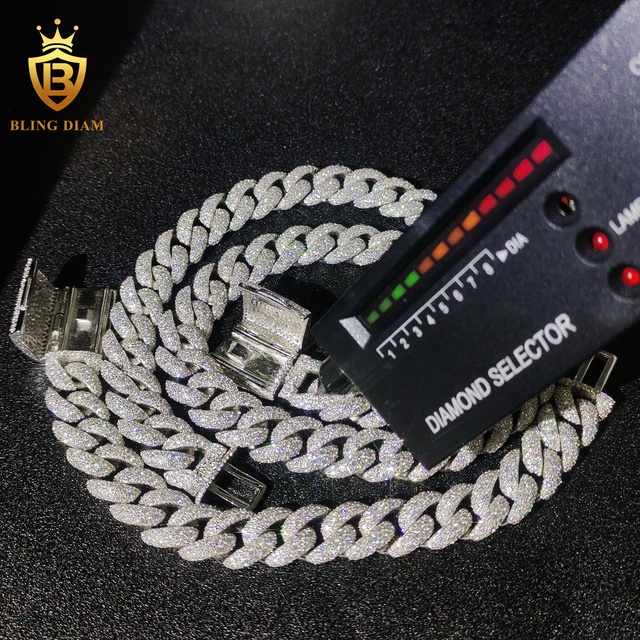 14mm Iced Out Cuban Link Chain, 925 Sterling Silver VVS Moissanite  Cuban Necklace  Hip Hop Jewelry for Men Women