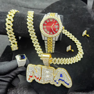 Hip Hop-Uhr+Armband +Halsband+Hangen+Ring+Ohrringe-Set kubanische Kette Quarzuhr Diamant-Armbanduhren Eiswache Mann - Product Image 4