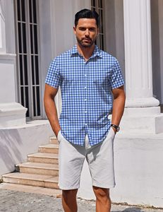 Men's <b>Blue</b> Plaid Short Sleeve Stand Collar Button Shirts Breathable Casual Summer Beach Vacation <b>Gingham</b> Check Polyester/Cotton - Product Image 2