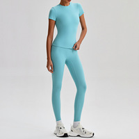 T-shirt de sport transfrontalier Sage, sensation seconde peau, respirant, couleur unie, haute élasticité, manches courtes, ensemble de yoga