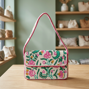 <b>Pink</b> Striped Embroidered Lemon Flap Handbag With Ring Handle Casual Daily Use Textile Handmade Bag - Product Image 3