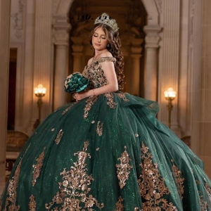 Glitter Sequined Emerald Green Ball Gown Quinceanera <strong>Dresses</strong> Gold Embroidered Appliques Sweet 15 <strong>16</strong> <strong>Birthday</strong> Prom Party Gowns - Product Image 6