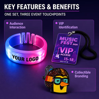 Bracelet LED, Badge d'événement, Passe de porte en PVC, Carte d'identité RFID étanche, Épinglette en émail, Logo personnalisé, Ensemble combiné pour festival, concert, fête