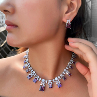 Parure de bijoux de mariée de luxe en zircon cubique violet, design carré, pour femme, accessoires de robe pour anniversaire et fête de mariage, vente en gros