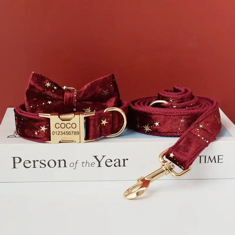 2022 Christmas Luxury Personalized Adjustable PET Dog Collar and Leash BowtieVelvet Dog Collar and Leash Set with Metal Buckle