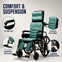 Fauteuil roulant zéro gravité en aluminium avec repose-jambes amovibles et relevables, accoudoirs rabattables, roues amortissantes