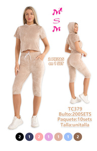 TC379 Completo da donna in velluto a 2 pezzi: Top corto con cappuccio a maniche corte e pantaloni sopra il ginocchio, tinta unita, vestibilità regolare, casual - Product Image 3