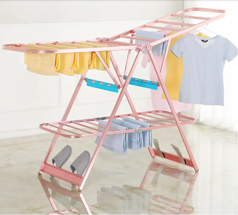 Hot Sale Custom Stainless Steel Folding Indoor Clothes Dryer Rack Standing Hanger With Two Wings