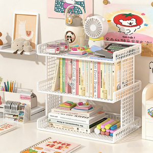 Desktop Storage Organizer Multi Tier <b>Desk</b> Rack For Stationery Books Office Supplies Simple Rectangle Standing Type PP Material - Product Image 2