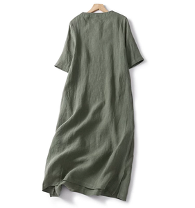 Femmes été coupe ample col rond lin coton <span class=keywords><strong>robe</strong></span> décontracté <span class=keywords><strong>grande</strong></span> <span class=keywords><strong>taille</strong></span> couleur unie <span class=keywords><strong>moderne</strong></span> Style chinois <span class=keywords><strong>robe</strong></span> - Product Image 1