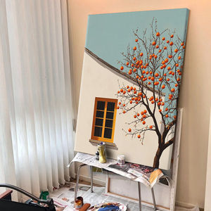 Pintura al Óleo Moderna Minimalista, Árbol de Caqui, Arte de Pared Rectangular Enmarcado, Decoración para Sala de Estar, Fondo de Sofá - Product Image 2