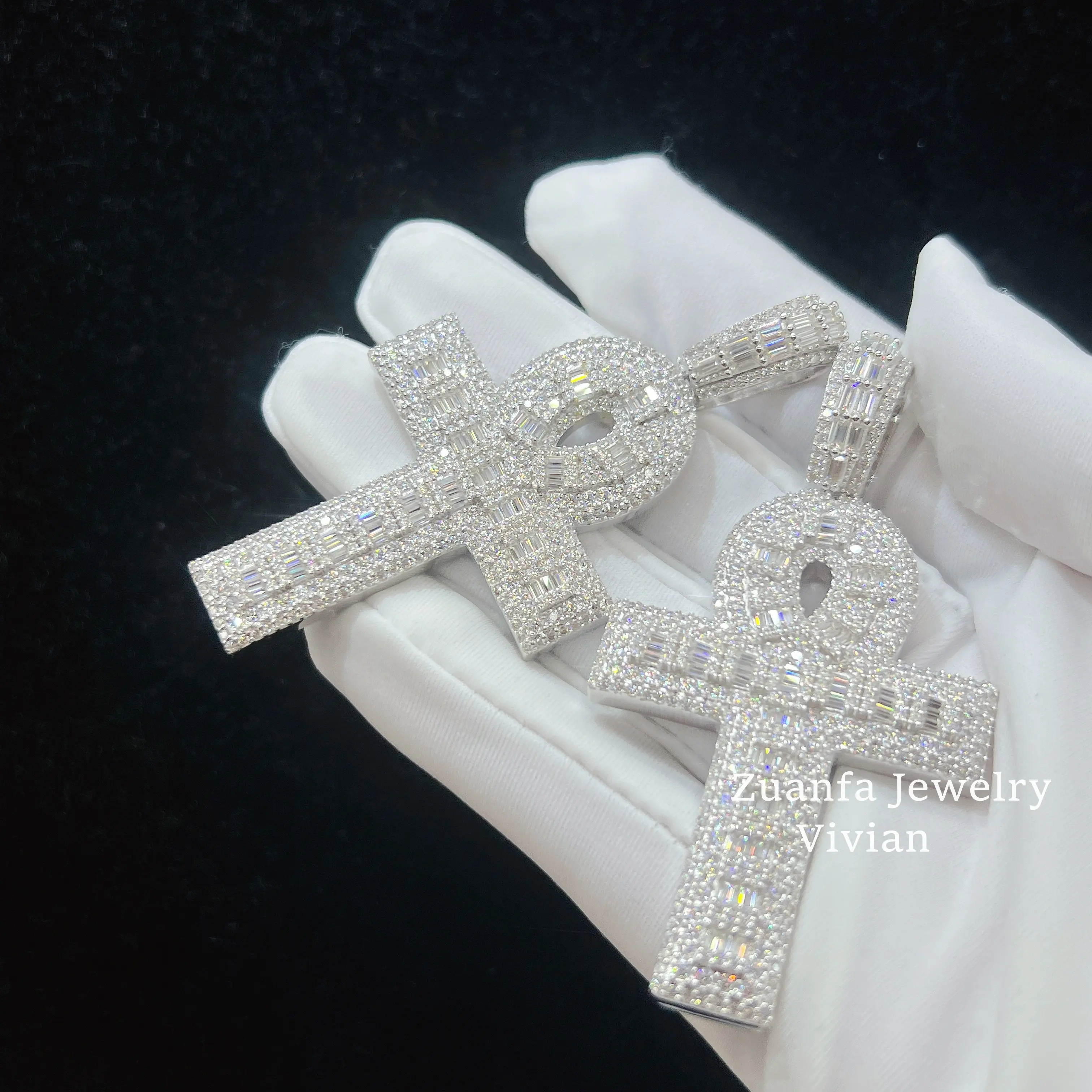 fine jewelry silver 925 iced out hip hop rapper jewelry men moissanite diamond ankh cross pendant