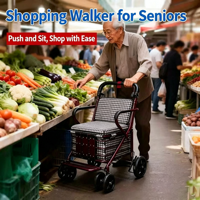 Déambulateur léger et chariot de courses pour seniors, chariot de mobilité pliable avec siège et panier de rangement pour personnes âgées, pour la marche et les courses