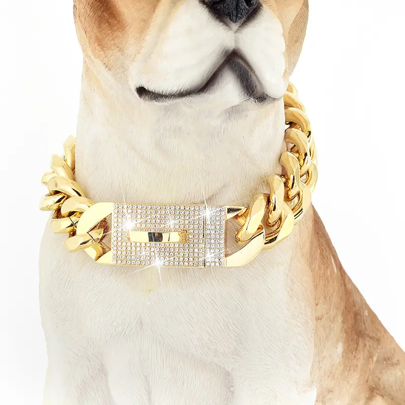 Hot selling Custom 19MM Dog Collar 18k Gold Plated Luxury Diamond Stainless Steel Pet Choker For Bully Dog