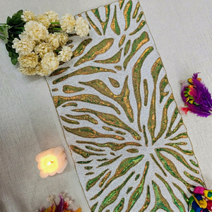 Handmade Palm Leaf Table <b>Runner</b> <b>Green</b> Gold Mosaic Design Rectangle Placemat Decorative Glass Craft for Dining Table - Product Image 1