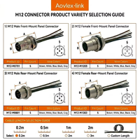 Connecteur M12 personnalisé à 4, 5, 8, 12 broches, type A, pré-câblé avec fils de raccordement, étanche, fixation avant/arrière, pour montage sur panneau