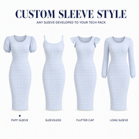 Robe moulante à manches bouffantes et col rond en gingham, longueur genou, pour femme, vente en gros, fabricant OEM ODM