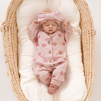 Mimixiong Oeko Tex Combinaison en coton à motif cœur pour nouveau-né, tenue de sortie de maternité, chaussons à nœud pour bébés filles, ensemble de 3 pièces