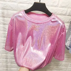 2023 Spring Summer Woman Tops Shiny loose short sleeve t-shirt sexy club women stylish bright silk tops