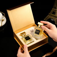 Ensemble cadeau magnétique en papier doré unique personnalisé à l'encre de soja, flacon de parfum en verre de luxe avec boîte