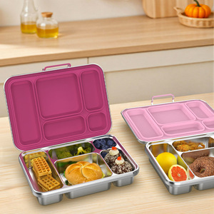 Boîte à lunch en acier inoxydable à cinq compartiments avec couvercle, conteneur bento portable pour étudiants et employés de bureau - Product Image 2