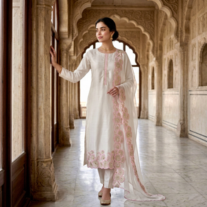 Conjunto de Kurta, Palazzo y Dupatta de Algodón Bordado en Rosa Crema, Ropa Étnica para Mujer - Product Image 1