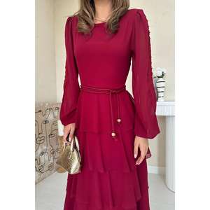 ชุดราตรีผ้าชีฟองสีเบอร์กันดีทรงเอไลน์ แต่งระบายชั้นๆ เอวธรรมชาติ แขนยาว ผ้าบางเบา ความยาวแบบแม็กซี่ - Product Image 3