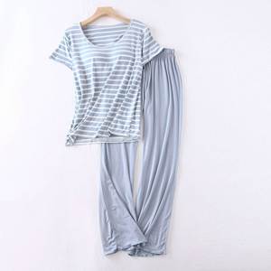 Wholesale Womens Full Length Pajamas Sets Stripes Padded Top Drawstring Elastic Long Pants Sleepwear <b>Twinset</b> - Product Image 5