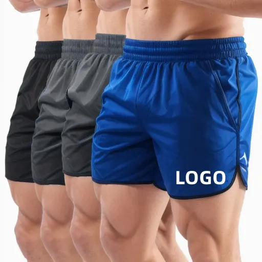 Cepler ile diz üzerinde toptan özel Logo erkek şort nefes spor koşu şort 5 inç örgü şort