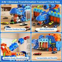 Jouet lanceur de camions dinosaures transformable, ensemble de jeu de véhicules dinosaures 2 en 1 avec mini voitures et rangement, cadeau pour garçons et filles de 3 ans et plus