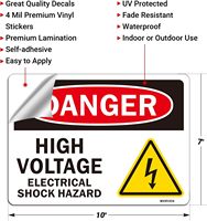Señal de Peligro de Alto Voltaje, Adhesivo de Advertencia de Riesgo de Descarga Eléctrica, 10X7 Pulgadas, Resistente a la Intemperie, Uso Interior o Exterior